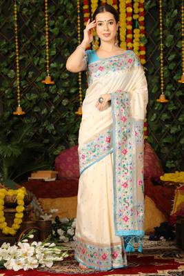 Teal hand woven raw silk saree with blouse 3