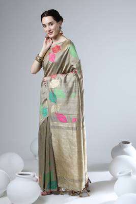 Navy blue woven raw silk saree with blouse 1