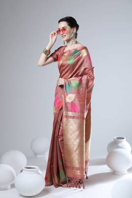 Teal woven raw silk saree with blouse 1