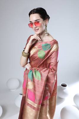 Teal woven raw silk saree with blouse 2