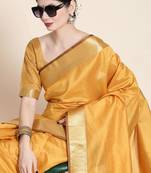 Yellow woven tussar silk saree with blouse