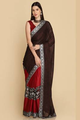 Dark Maroon Zari Work Party Wear Crepe Sarees 1