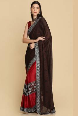 Dark Maroon Zari Work Party Wear Crepe Sarees 2