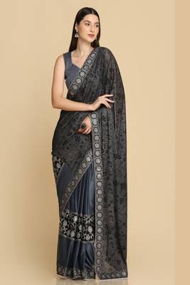 Dark Grey Zari Work Party Wear Crepe Sarees 1