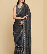 Dark Grey Zari Work Party Wear Crepe Sarees