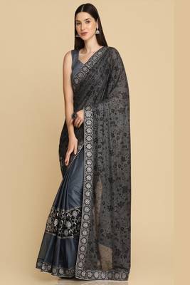 Dark Grey Zari Work Party Wear Crepe Sarees 2