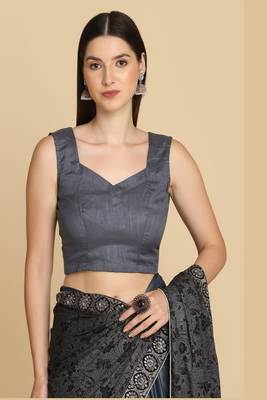 Dark Grey Zari Work Party Wear Crepe Sarees 4