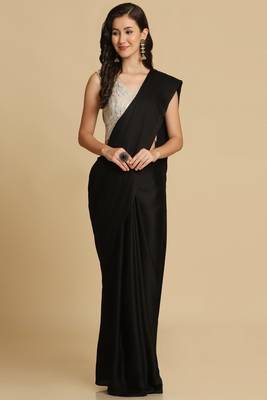 Women's Black Satin Plain Saree with Blouse 1