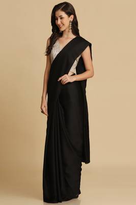 Women's Black Satin Plain Saree with Blouse 3