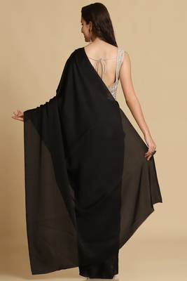 Women's Black Satin Plain Saree with Blouse 5