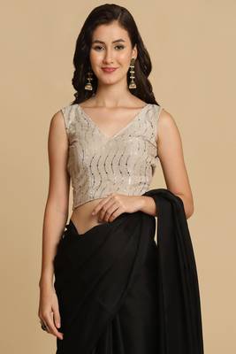 Women's Black Satin Plain Saree with Blouse 6