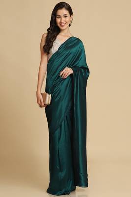 Teal Satin Plain Saree With Sleeveless Blouse Piece 1
