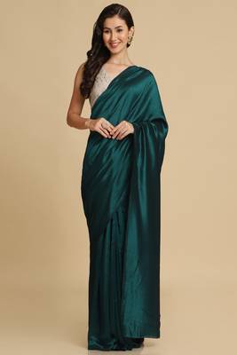 Teal Satin Plain Saree With Sleeveless Blouse Piece 3