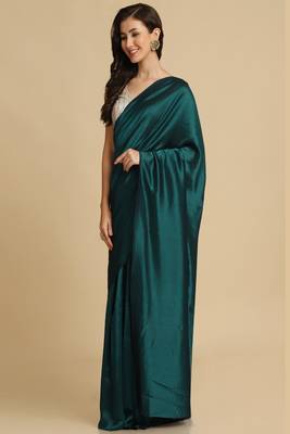 Teal Satin Plain Saree With Sleeveless Blouse Piece 4