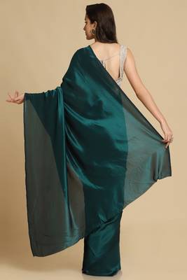 Teal Satin Plain Saree With Sleeveless Blouse Piece 5
