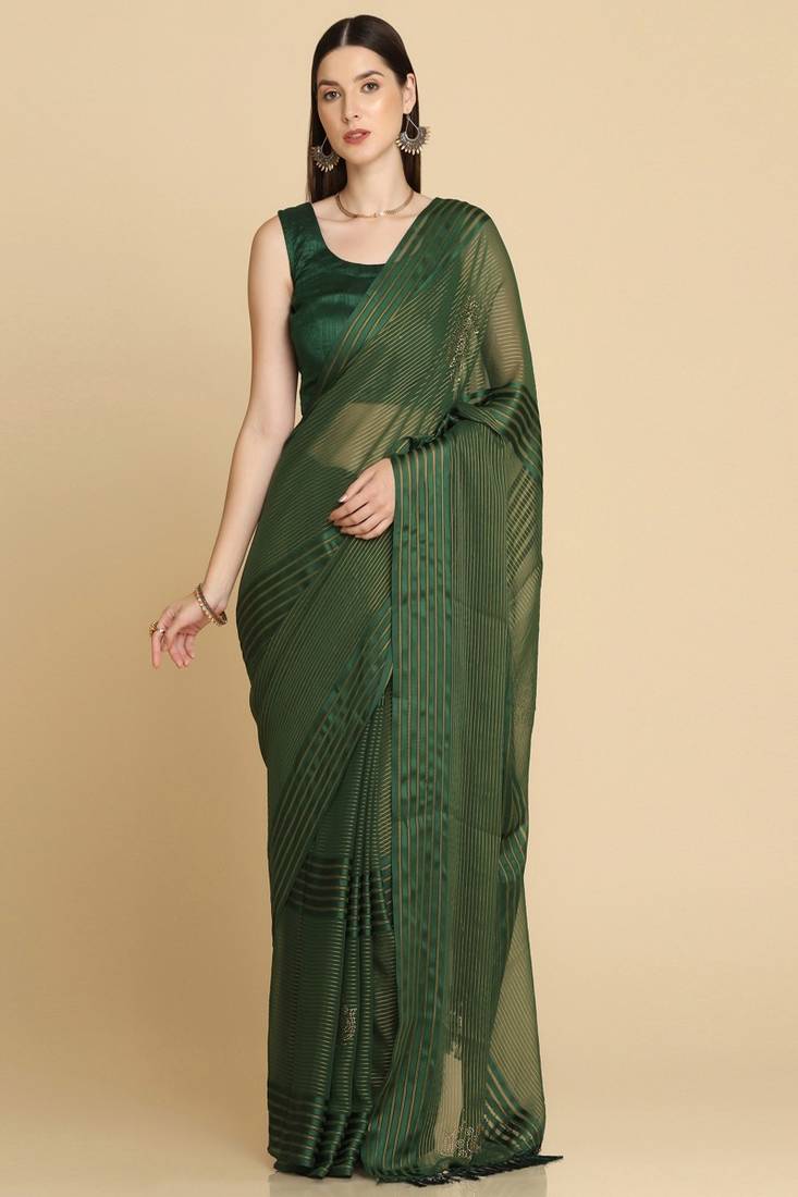 Green Chiffon Swarovski Party Wear Saree