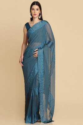Teal Chiffon Swarovski Party Wear Saree 1