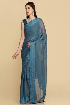 Teal Chiffon Swarovski Party Wear Saree 2