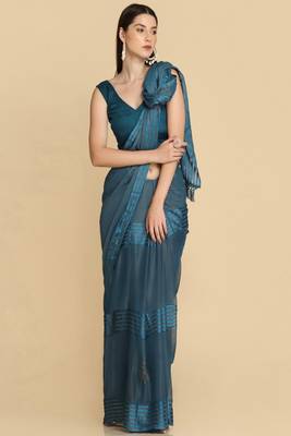 Teal Chiffon Swarovski Party Wear Saree 3