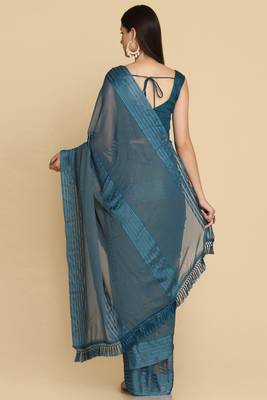 Teal Chiffon Swarovski Party Wear Saree 4