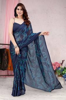 Blue printed chiffon saree with blouse