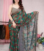 Teal Printed Chiffon Saree With Blouse