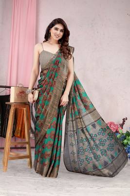 Teal Printed Chiffon Saree With Blouse 2