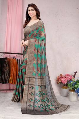 Teal Printed Chiffon Saree With Blouse 3