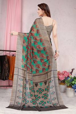 Teal Printed Chiffon Saree With Blouse 4