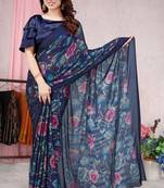Blue printed chiffon saree with blouse