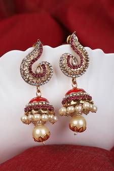 Styylo Fashion Gold Plated Red & White Stone Studded Jhumka Earring