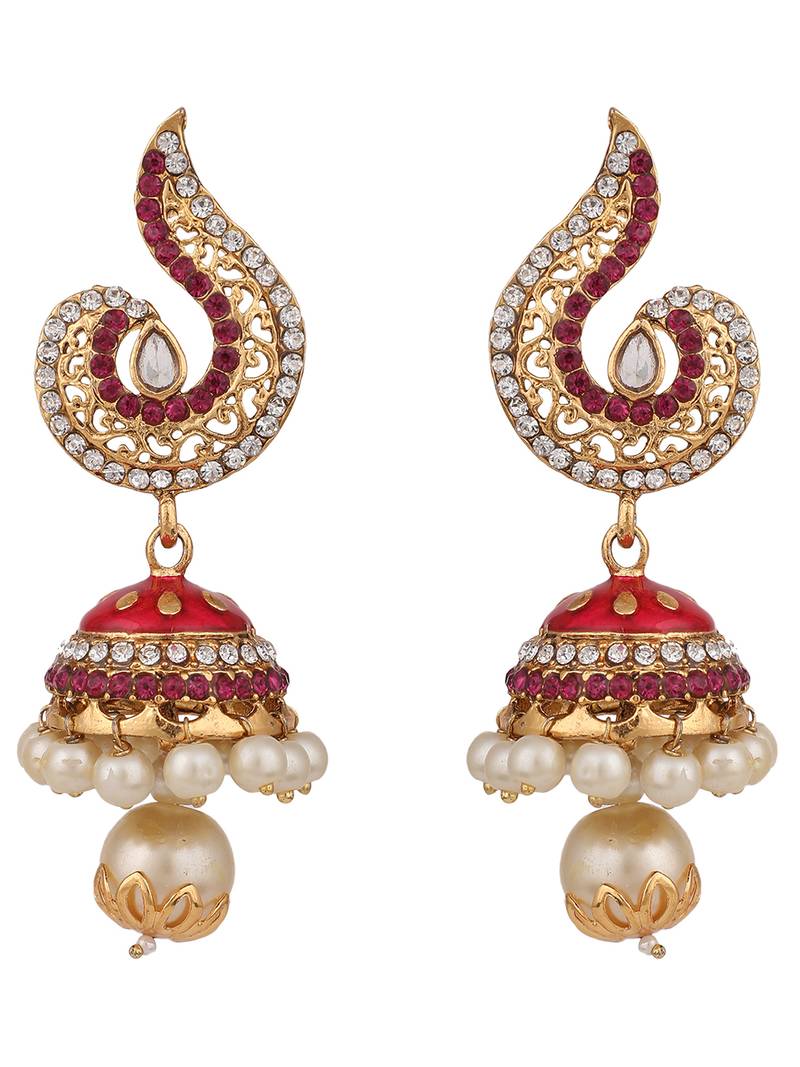 Styylo Fashion Gold Plated Red & White Stone Studded Jhumka Earring
