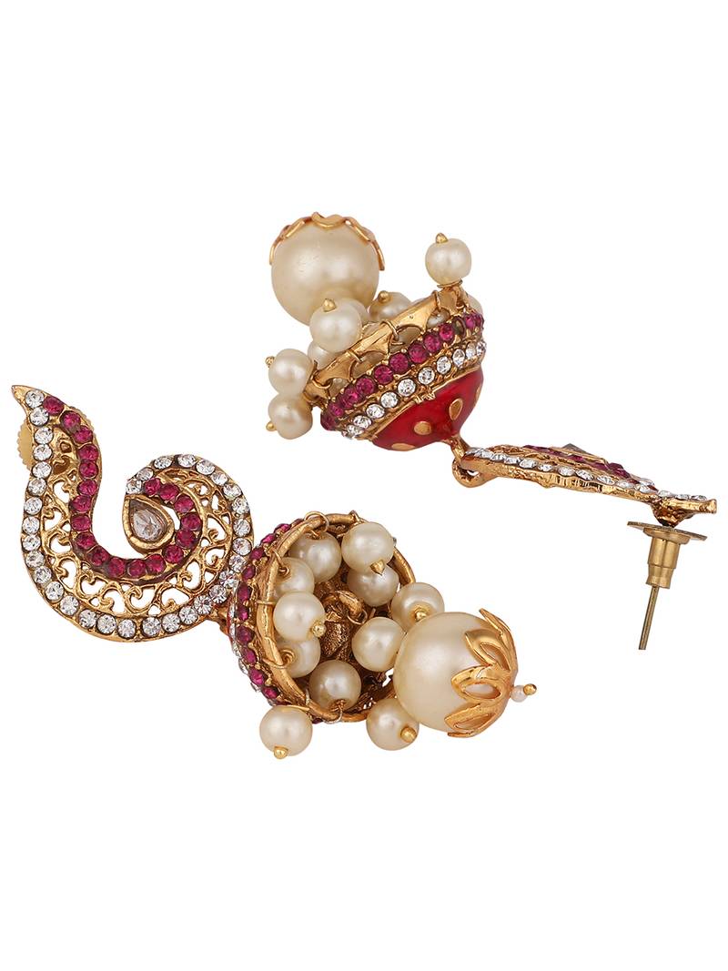 Styylo Fashion Gold Plated Red & White Stone Studded Jhumka Earring