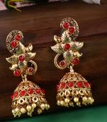 Styylo Fashion Red Stone Studded Floral Shape Brass Gold Plated Jhumka Earring