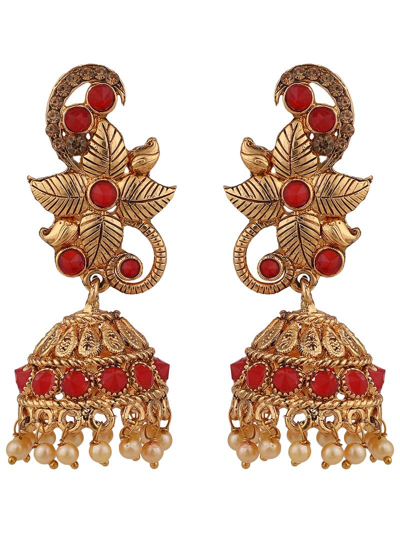 Styylo Fashion Red Stone Studded Floral Shape Brass Gold Plated Jhumka Earring
