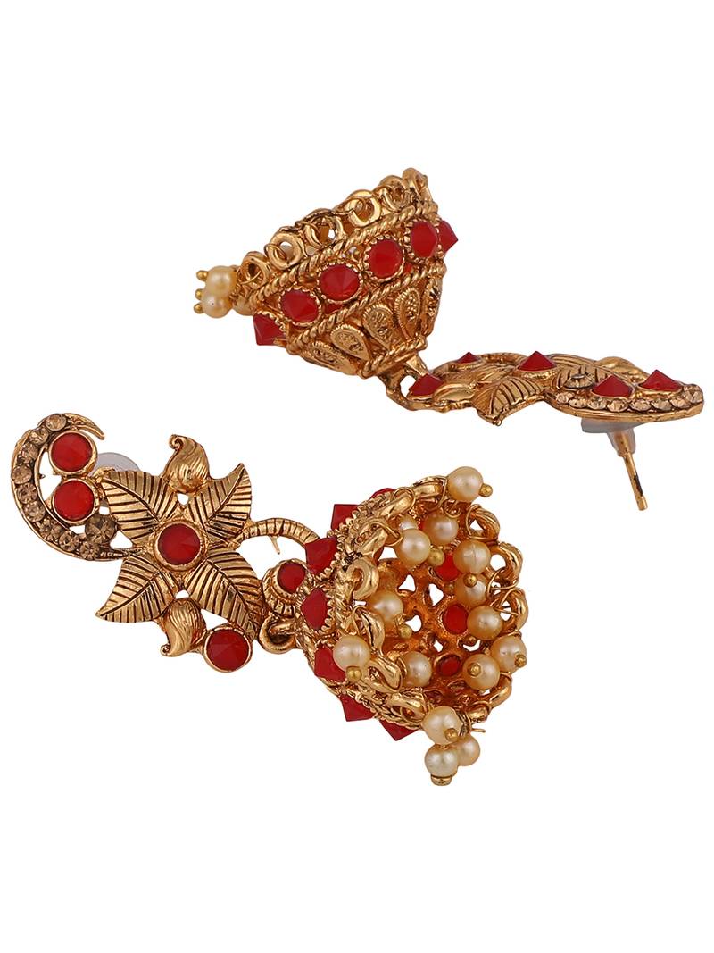 Styylo Fashion Red Stone Studded Floral Shape Brass Gold Plated Jhumka Earring