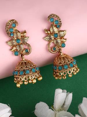 Styylo Fashion Mint Stone Studded Floral Shape Brass Gold Plated Jhumka Earring 1