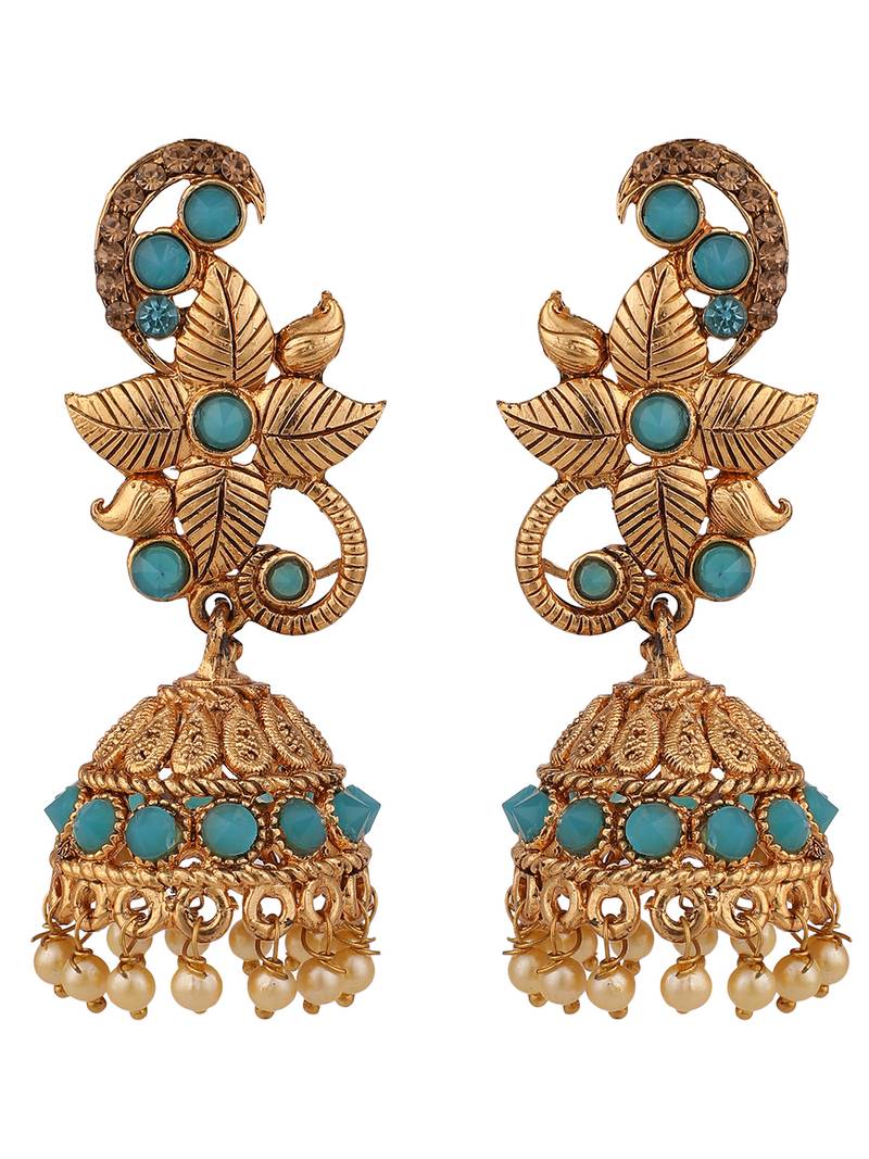 Styylo Fashion Mint Stone Studded Floral Shape Brass Gold Plated Jhumka Earring