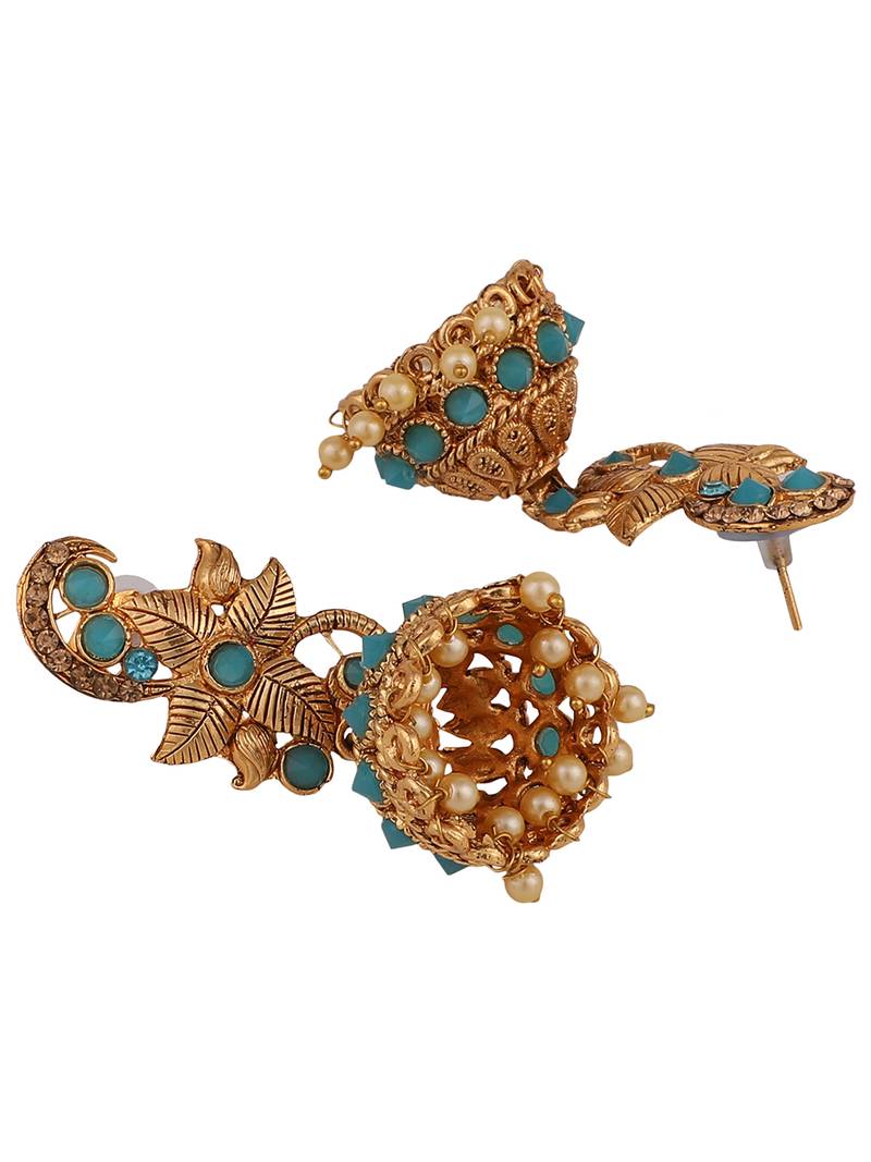 Styylo Fashion Mint Stone Studded Floral Shape Brass Gold Plated Jhumka Earring