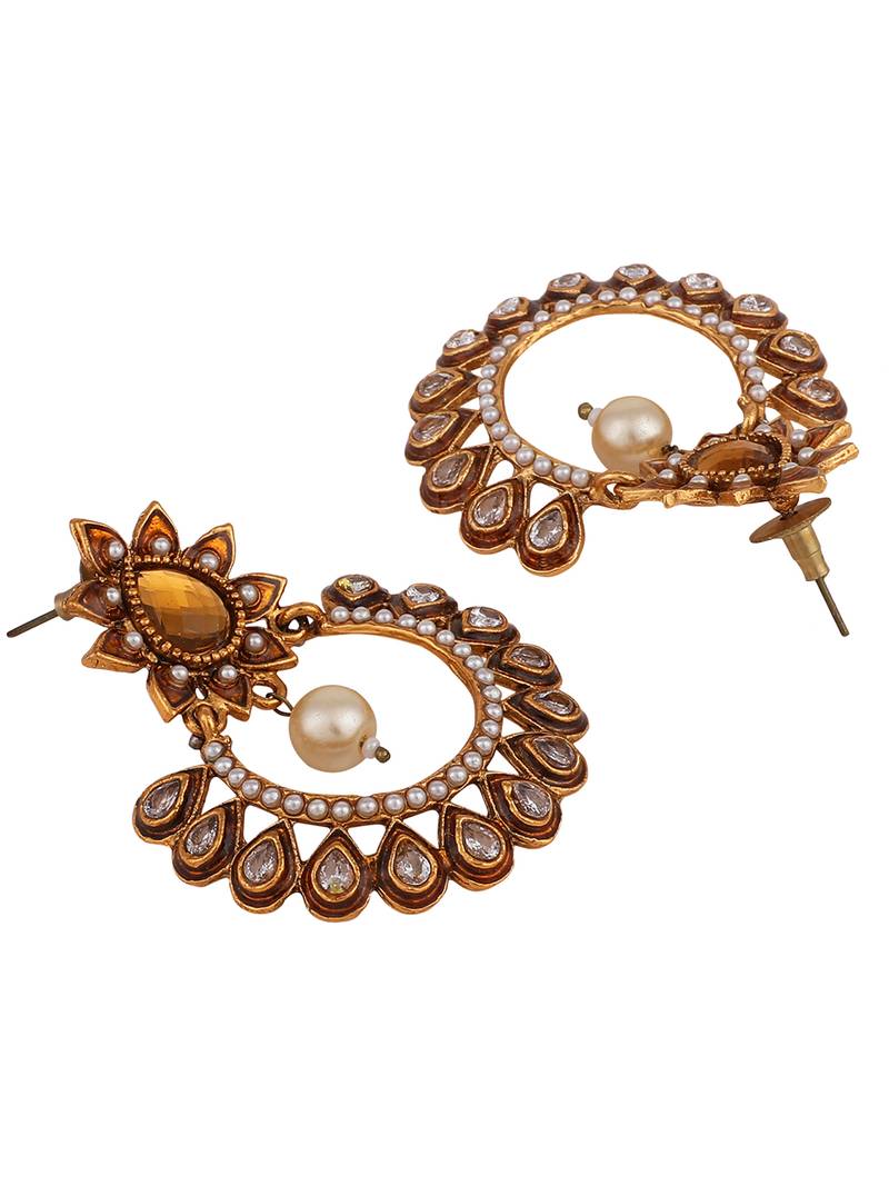 Styylo Fashion Gold Plated Meenakari Brown Stone and Pearl Chandbali Earring