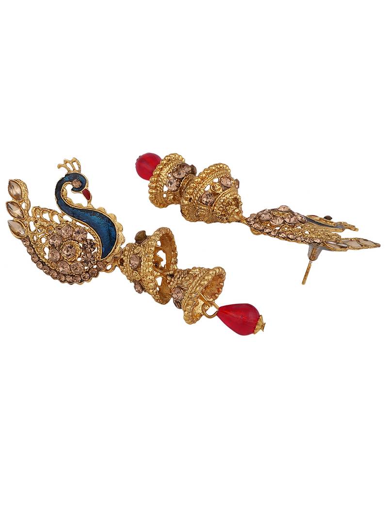 Styylo Fashion Traditional Peacock Shape LCT Stone Studded 2 Floor Jhumka Earring