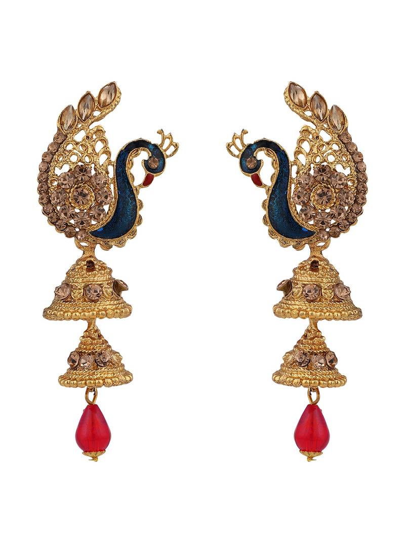 Styylo Fashion Traditional Peacock Shape LCT Stone Studded 2 Floor Jhumka Earring