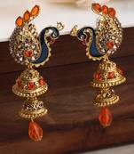 Styylo Fashion Traditional Peacock Shape Orange Stone Studded 2 Floor Jhumka Earring