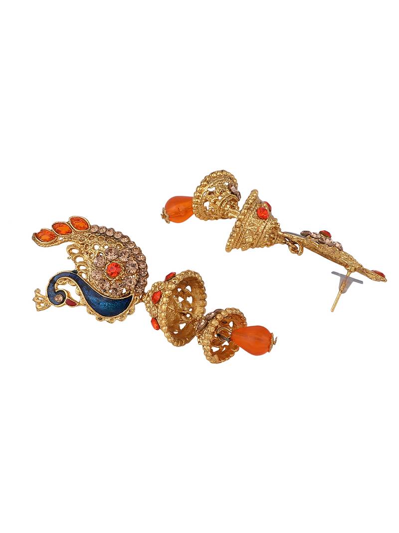 Styylo Fashion Traditional Peacock Shape Orange Stone Studded 2 Floor Jhumka Earring