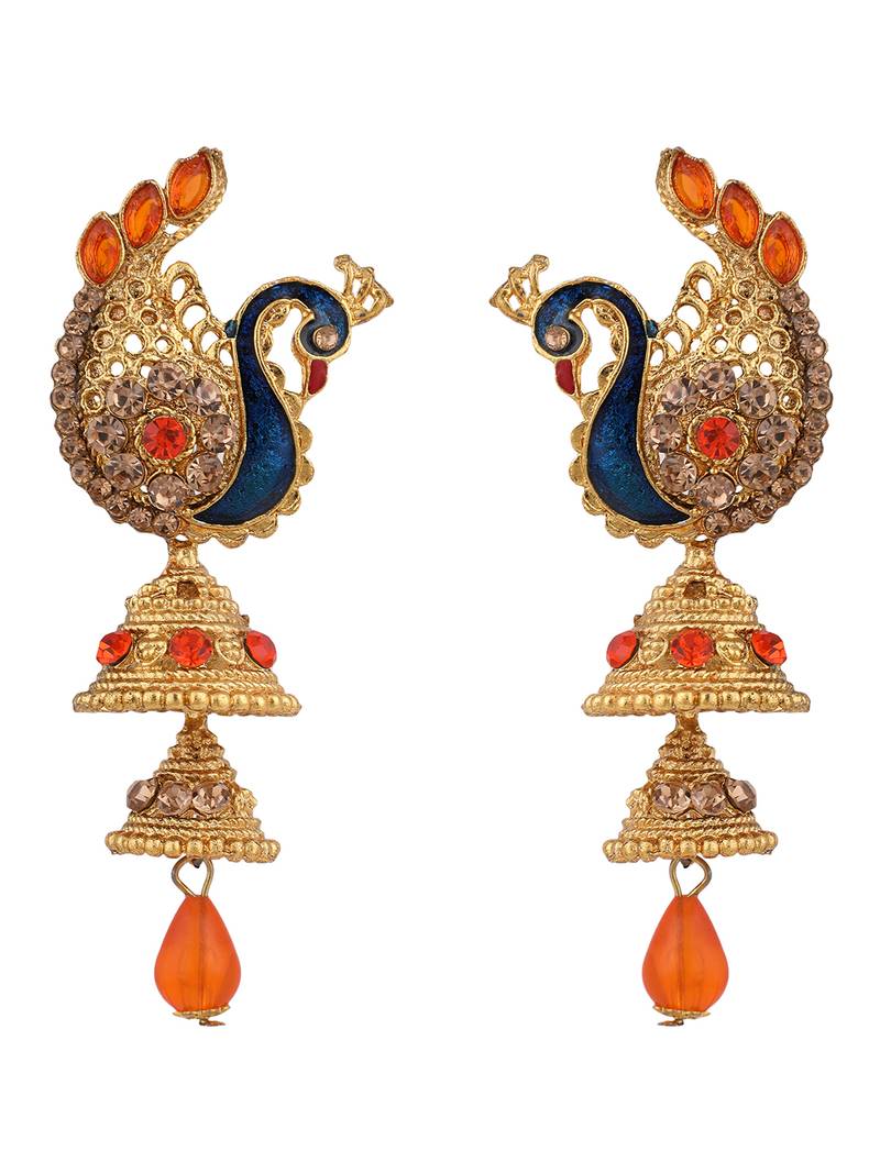 Styylo Fashion Traditional Peacock Shape Orange Stone Studded 2 Floor Jhumka Earring