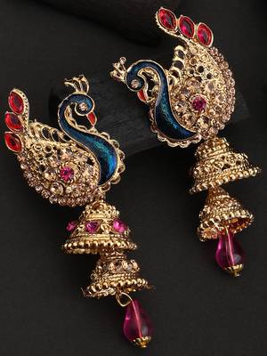 Styylo Fashion Traditional Peacock Shape Pink Stone Studded 2 Floor Jhumka Earring 1