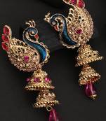 Styylo Fashion Traditional Peacock Shape Pink Stone Studded 2 Floor Jhumka Earring