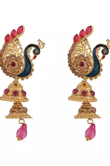 Styylo Fashion Traditional Peacock Shape Pink Stone Studded 2 Floor Jhumka Earring