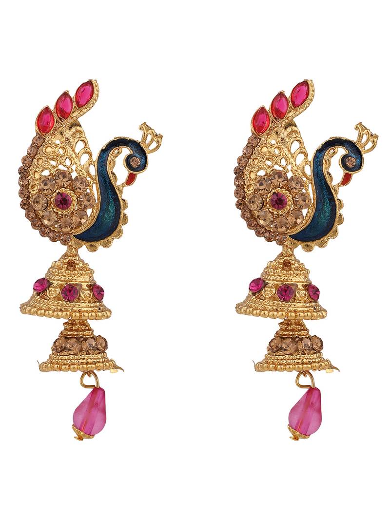 Styylo Fashion Traditional Peacock Shape Pink Stone Studded 2 Floor Jhumka Earring