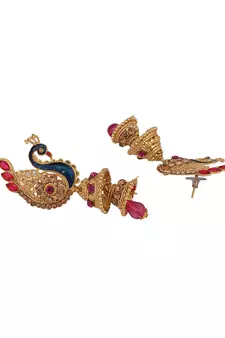 Styylo Fashion Traditional Peacock Shape Pink Stone Studded 2 Floor Jhumka Earring